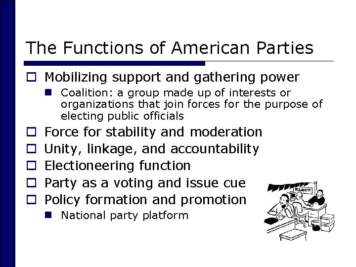 The Functions of American Parties o Mobilizing support and gathering power n Coalition: a