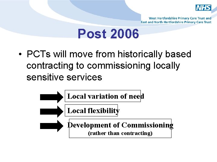 Post 2006 • PCTs will move from historically based contracting to commissioning locally sensitive