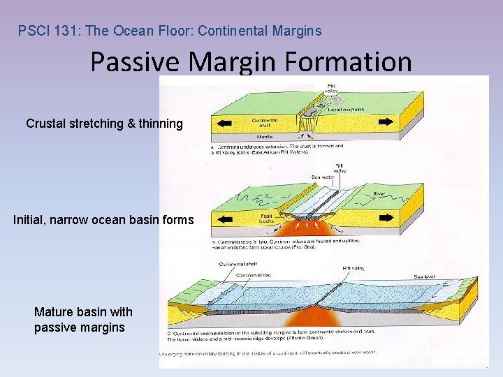 PSCI 131: The Ocean Floor: Continental Margins Passive Margin Formation Crustal stretching & thinning
