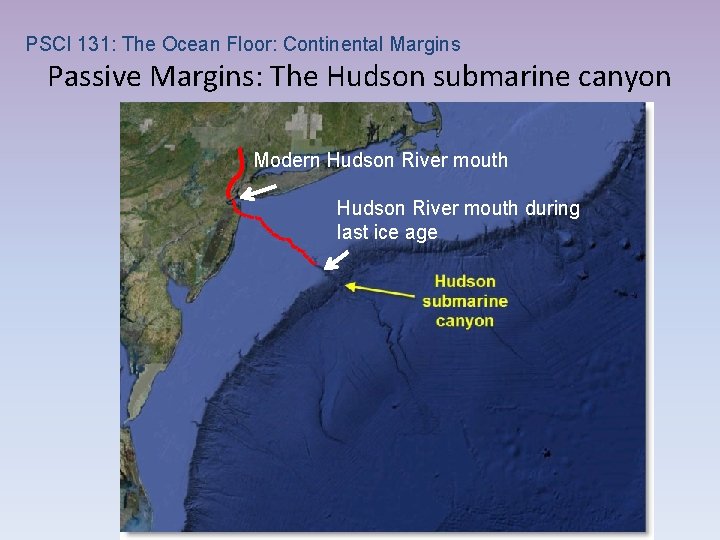 PSCI 131: The Ocean Floor: Continental Margins Passive Margins: The Hudson submarine canyon Modern