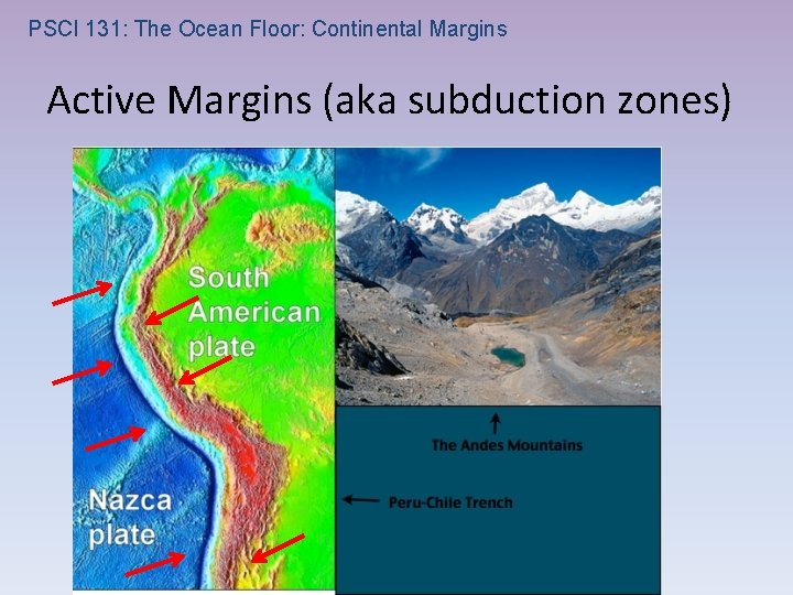 PSCI 131: The Ocean Floor: Continental Margins Active Margins (aka subduction zones) 