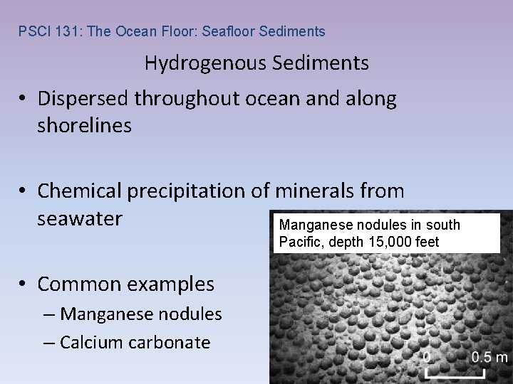 PSCI 131: The Ocean Floor: Seafloor Sediments Hydrogenous Sediments • Dispersed throughout ocean and