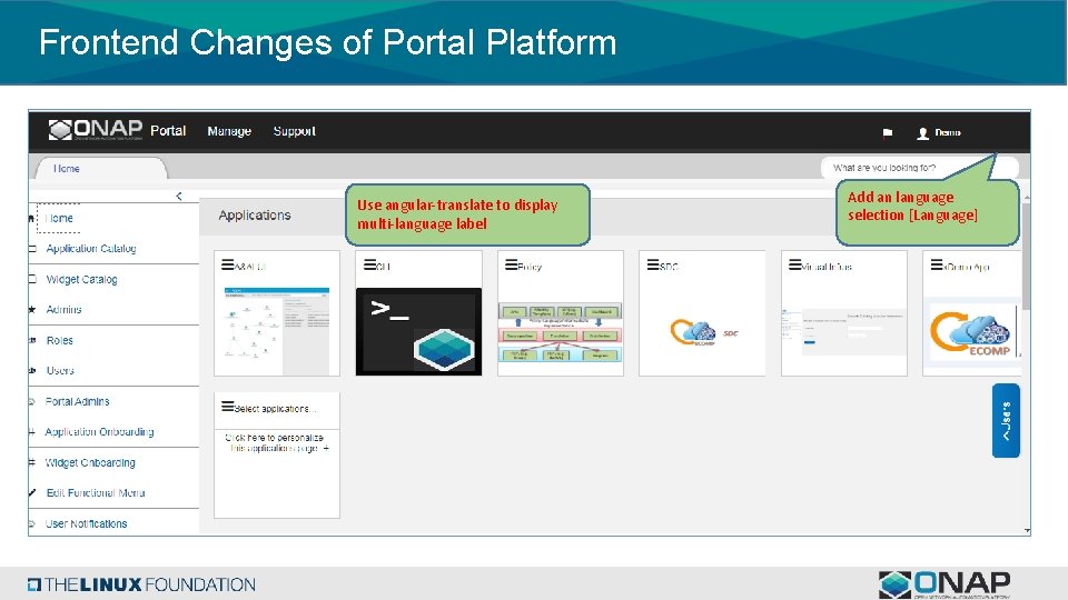 Frontend Changes of Portal Platform Use angular-translate to display multi-language label Add an language