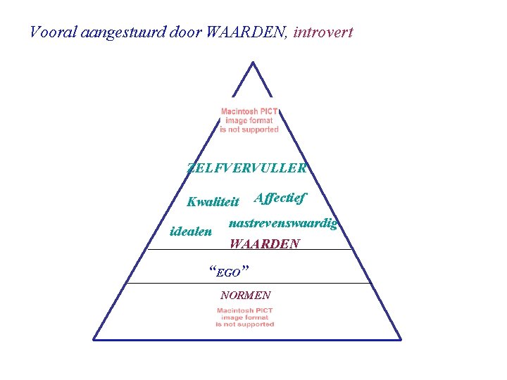 Vooral aangestuurd door WAARDEN, introvert ZELFVERVULLER Kwaliteit Affectief nastrevenswaardig idealen WAARDEN “EGO” NORMEN 