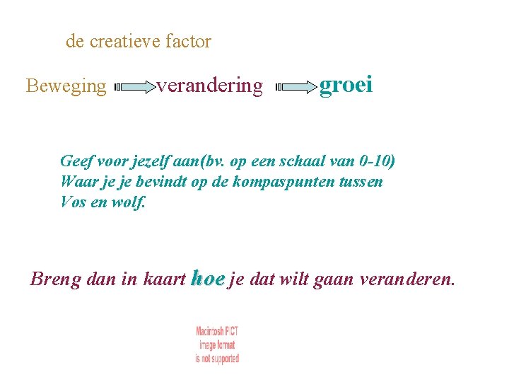 de creatieve factor Beweging verandering groei Geef voor jezelf aan(bv. op een schaal van