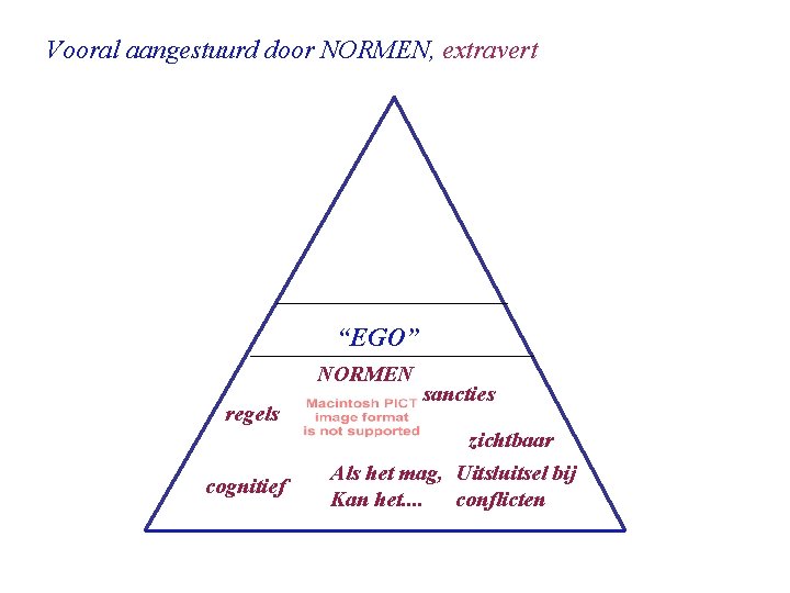 Vooral aangestuurd door NORMEN, extravert “EGO” NORMEN regels cognitief sancties zichtbaar Als het mag,