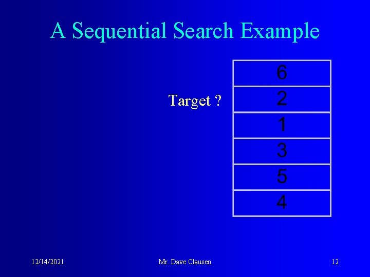 A Sequential Search Example Target ? 12/14/2021 Mr. Dave Clausen 12 
