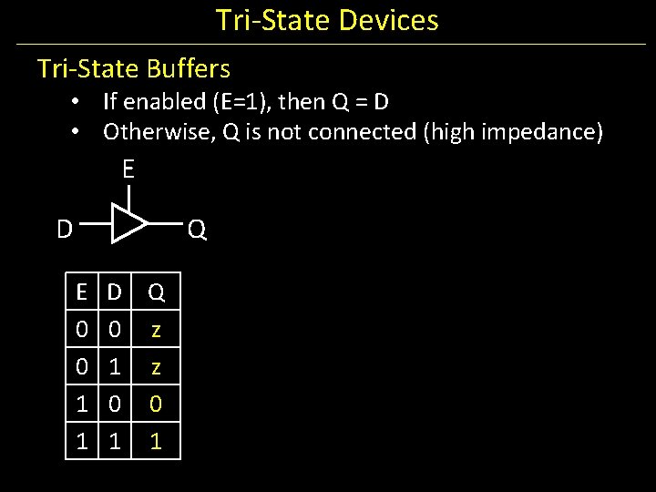 Tri-State Devices Tri-State Buffers • If enabled (E=1), then Q = D • Otherwise,