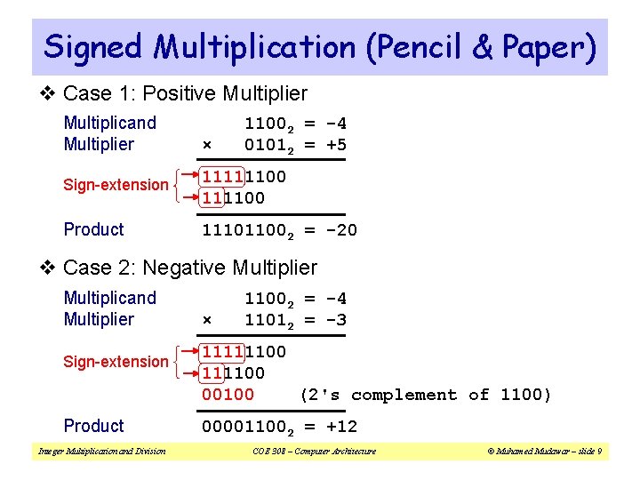 Signed Multiplication (Pencil & Paper) v Case 1: Positive Multiplier Multiplicand Multiplier × 11002 Signed Multiplication (Pencil & Paper) v Case 1: Positive Multiplier Multiplicand Multiplier × 11002