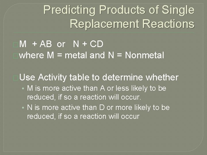 Predicting Products of Single Replacement Reactions �M + AB or N + CD �where