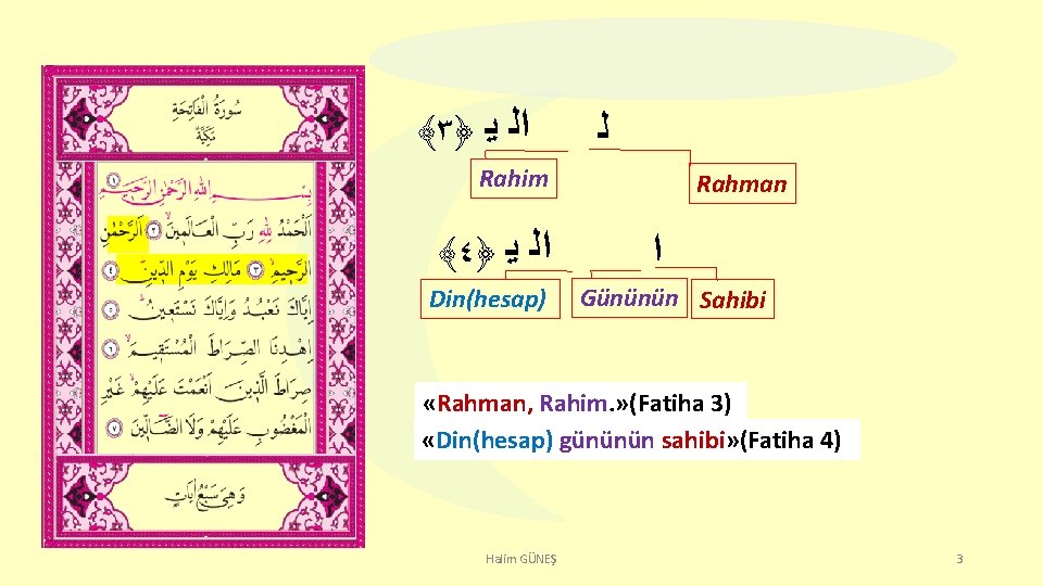 ﴾٣﴿ ﺍﻟ ﻳ ﻟ Rahim ﴾٤﴿ ﺍﻟ ﻳ Din(hesap) Rahman ﺍ Gününün Sahibi «Rahman,