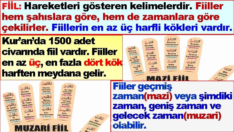 FİİL: Hareketleri gösteren kelimelerdir. Fiiller hem şahıslara göre, hem de zamanlara göre çekilirler. Fiillerin