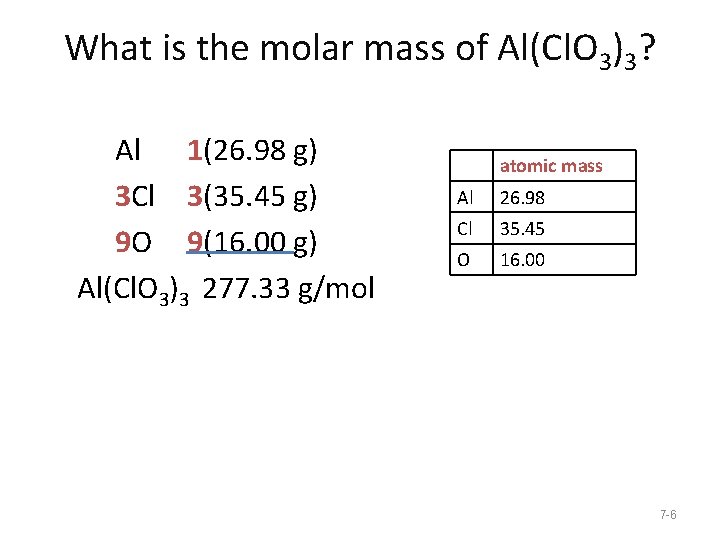 What is the molar mass of Al(Cl. O 3)3? Al 1(26. 98 g) 3