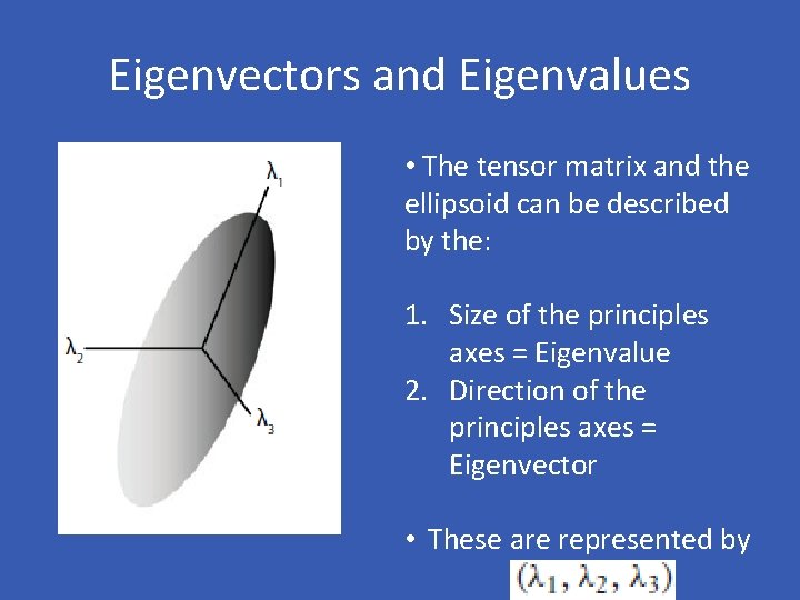 Eigenvectors and Eigenvalues • The tensor matrix and the ellipsoid can be described by