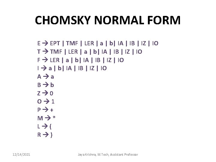 CHOMSKY NORMAL FORM E EPT | TMF | LER | a | b| IA