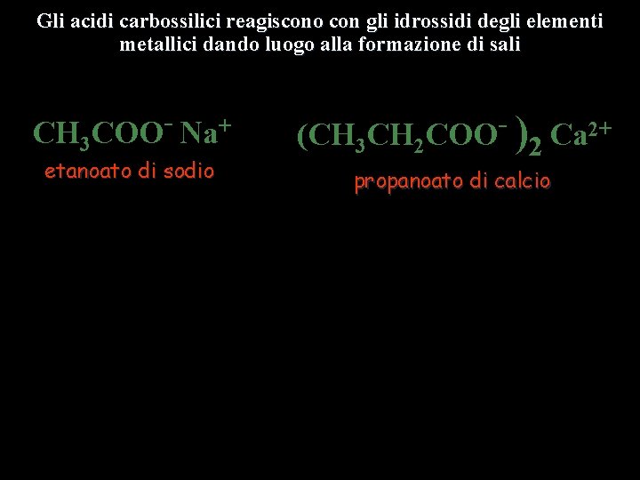 Gli acidi carbossilici reagiscono con gli idrossidi degli elementi metallici dando luogo alla formazione