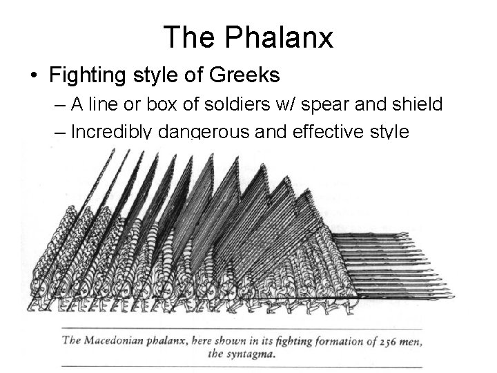 The Phalanx • Fighting style of Greeks – A line or box of soldiers