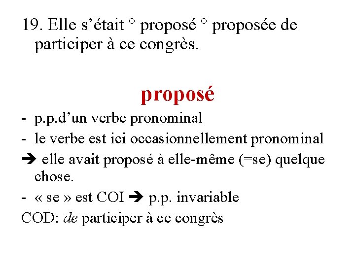 19. Elle s’était ° proposée de participer à ce congrès. proposé - p. p.