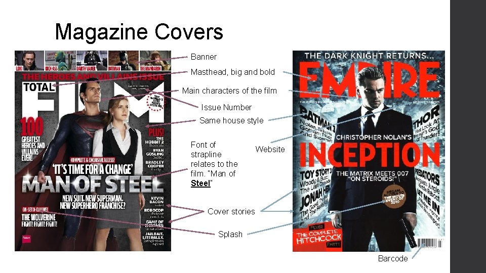 Magazine Covers Banner Masthead, big and bold Main characters of the film Issue Number
