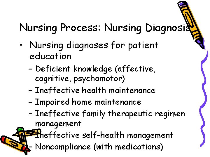 Nursing Process: Nursing Diagnosis • Nursing diagnoses for patient education – Deficient knowledge (affective,