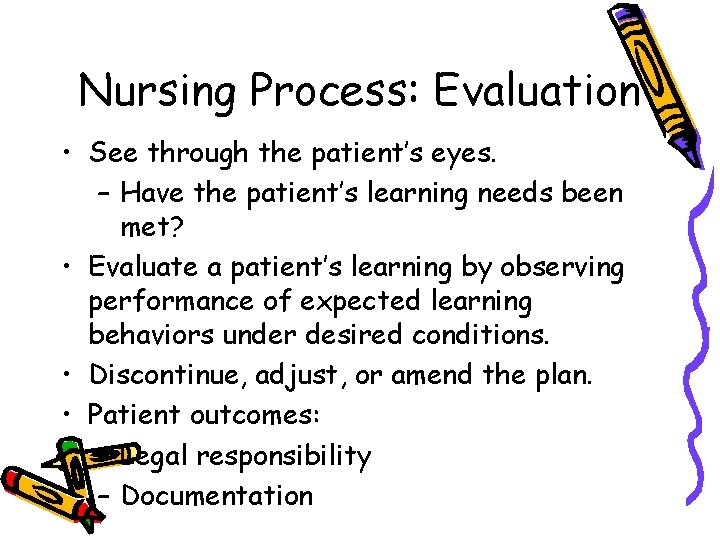Nursing Process: Evaluation • See through the patient’s eyes. – Have the patient’s learning