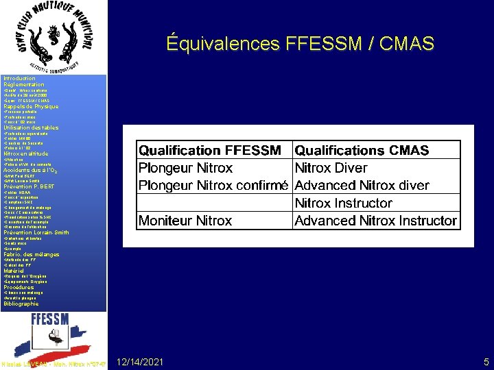 Équivalences FFESSM / CMAS Introduction Réglementation • Qualif. . Nitrox confirmé • Arrêté du