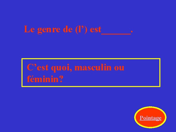 Le genre de (l’) est______. C’est quoi, masculin ou féminin? Pointage 