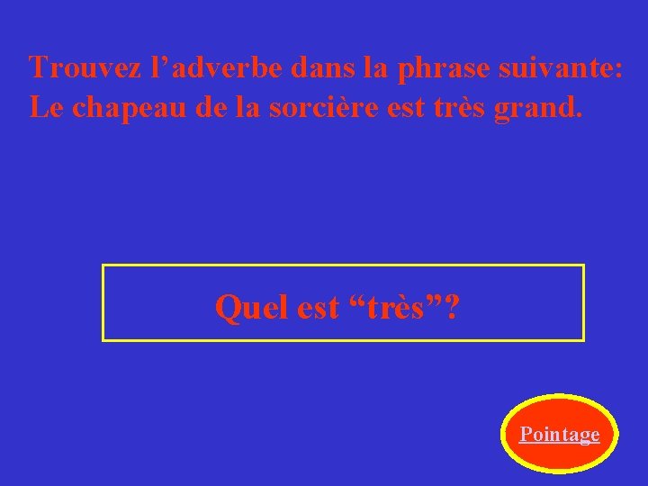 Trouvez l’adverbe dans la phrase suivante: Le chapeau de la sorcière est très grand.