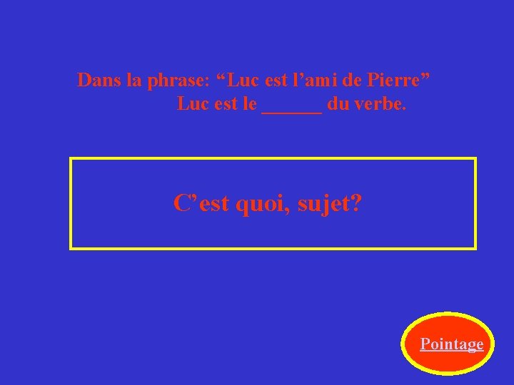 Dans la phrase: “Luc est l’ami de Pierre” Luc est le ______ du verbe.