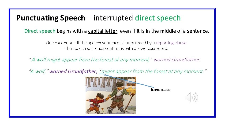 Punctuating Speech – interrupted direct speech Direct speech begins with a capital letter, even