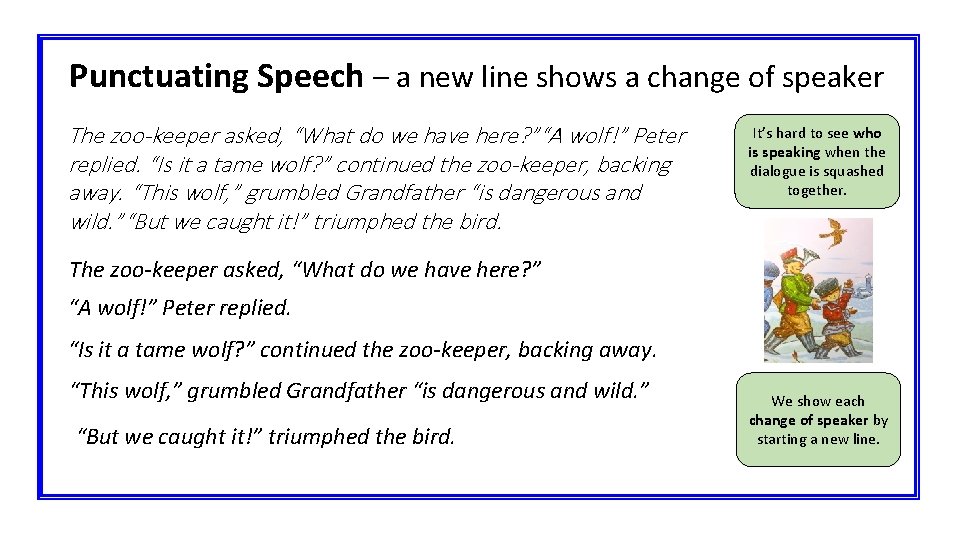 Punctuating Speech – a new line shows a change of speaker The zoo-keeper asked,