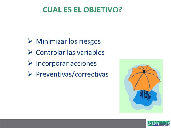 CUAL ES EL OBJETIVO? Ø Ø Minimizar los riesgos Controlar las variables Incorporar acciones