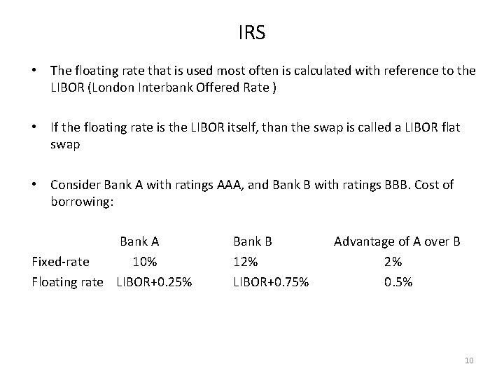 IRS • The floating rate that is used most often is calculated with reference