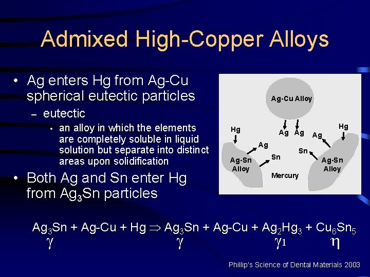 Admixed High-Copper Alloys • Ag enters Hg from Ag-Cu spherical eutectic particles – Ag-Cu