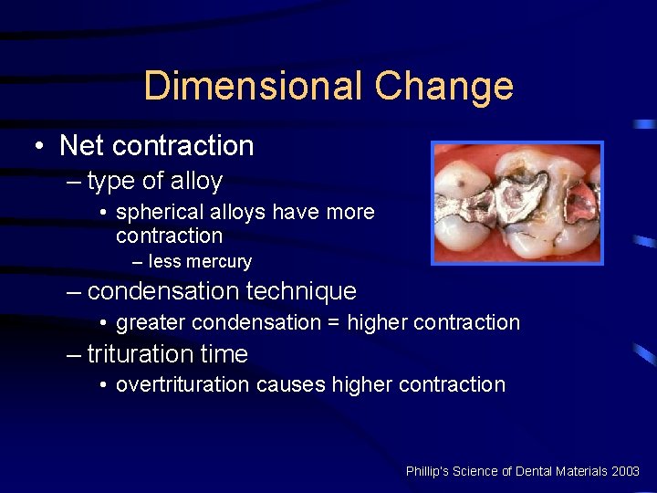 Dimensional Change • Net contraction – type of alloy • spherical alloys have more