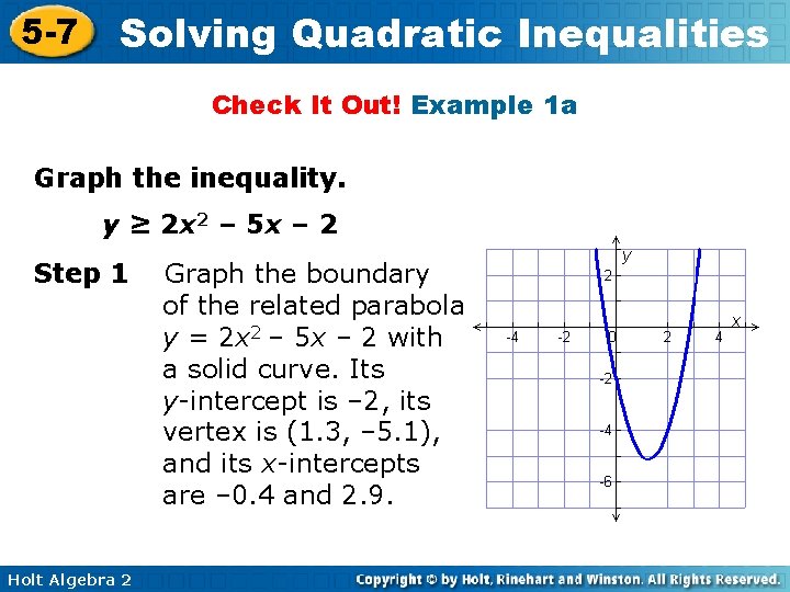 5 -7 Solving Quadratic Inequalities Check It Out! Example 1 a Graph the inequality.