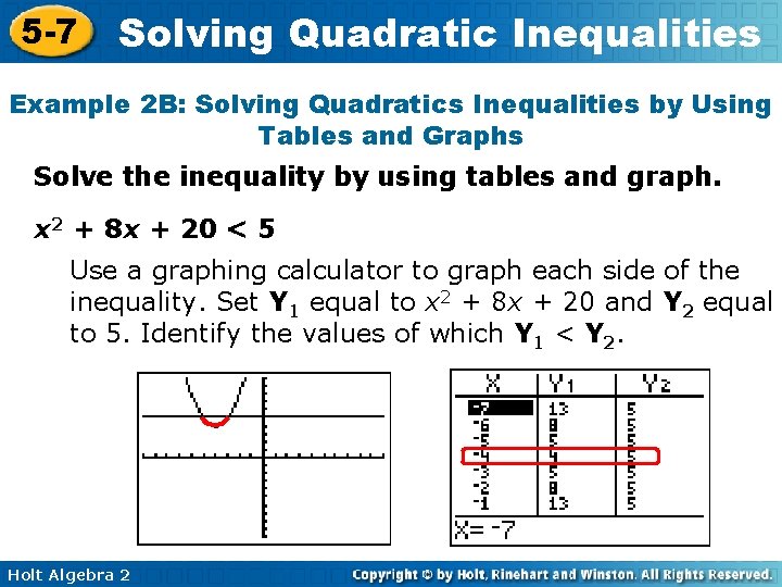 5 -7 Solving Quadratic Inequalities Example 2 B: Solving Quadratics Inequalities by Using Tables