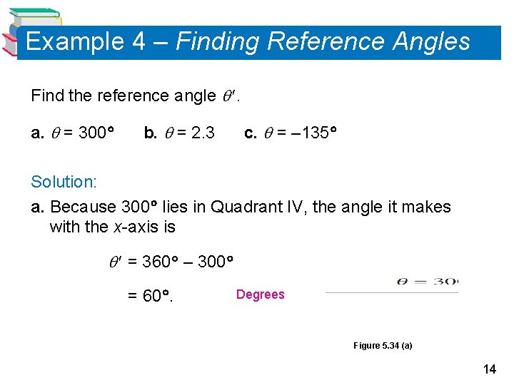 Example 4 – Finding Reference Angles Find the reference angle . a. = 300