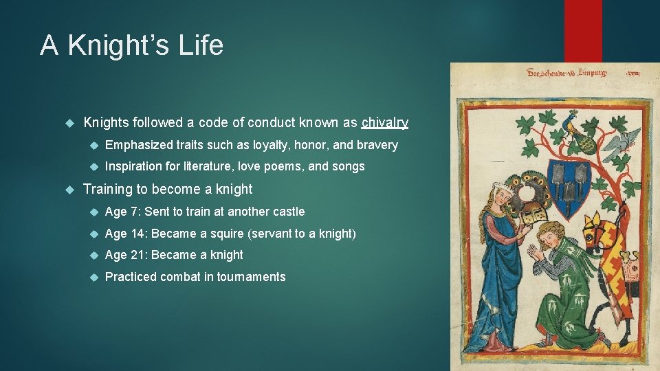 A Knight’s Life Knights followed a code of conduct known as chivalry Emphasized traits