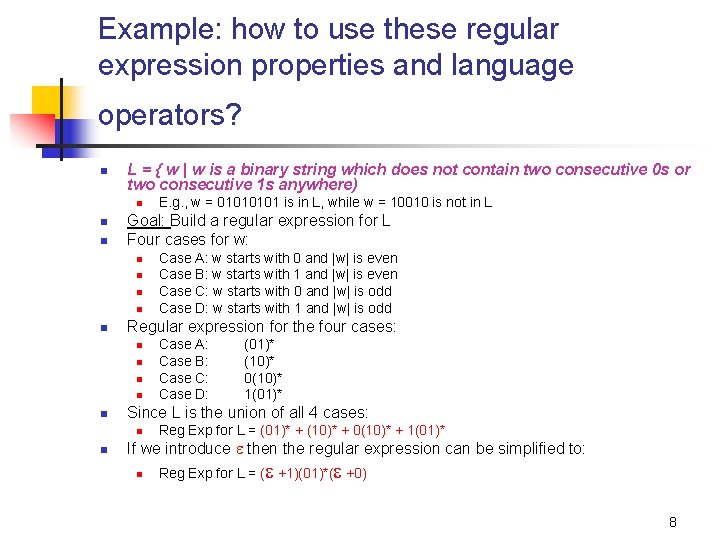 Example: how to use these regular expression properties and language operators? n L =