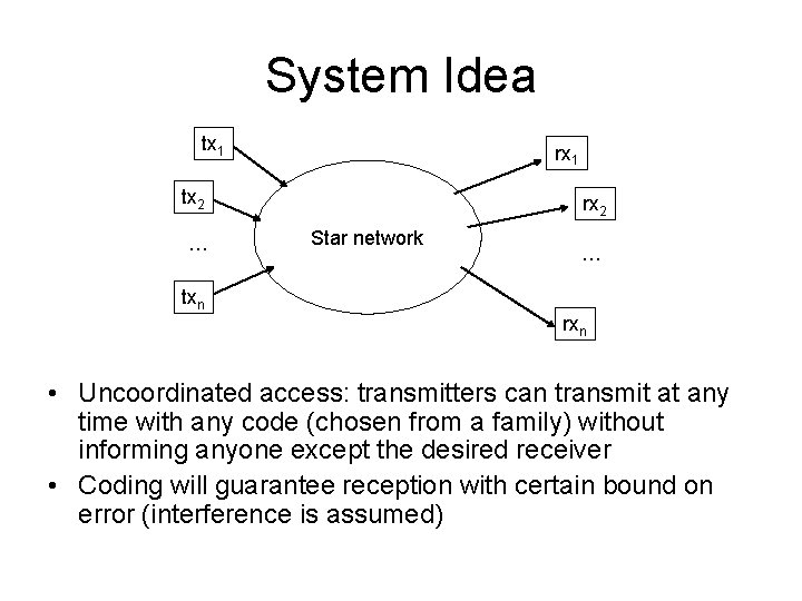 System Idea tx 1 rx 1 tx 2 … rx 2 Star network …