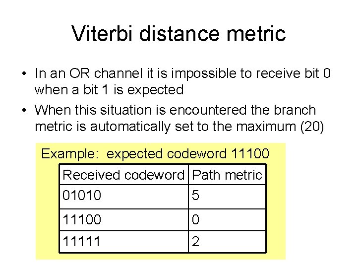 Viterbi distance metric • In an OR channel it is impossible to receive bit