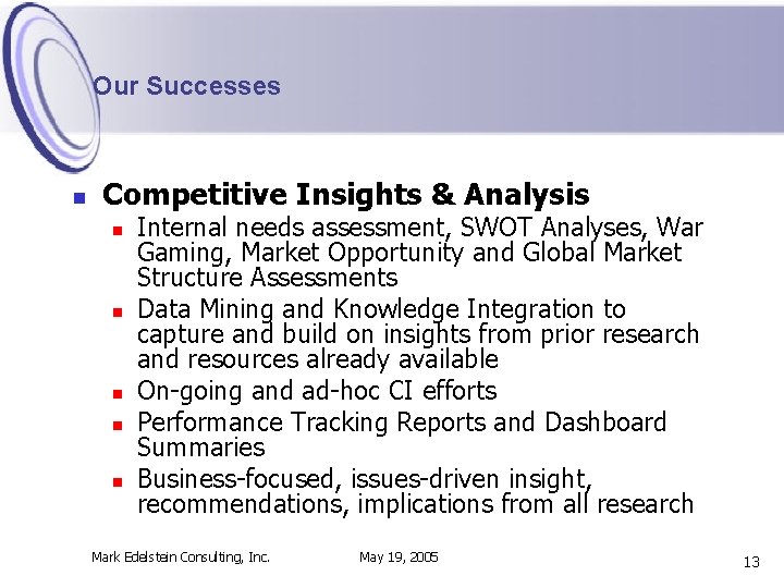 Our Successes n Competitive Insights & Analysis n n n Internal needs assessment, SWOT