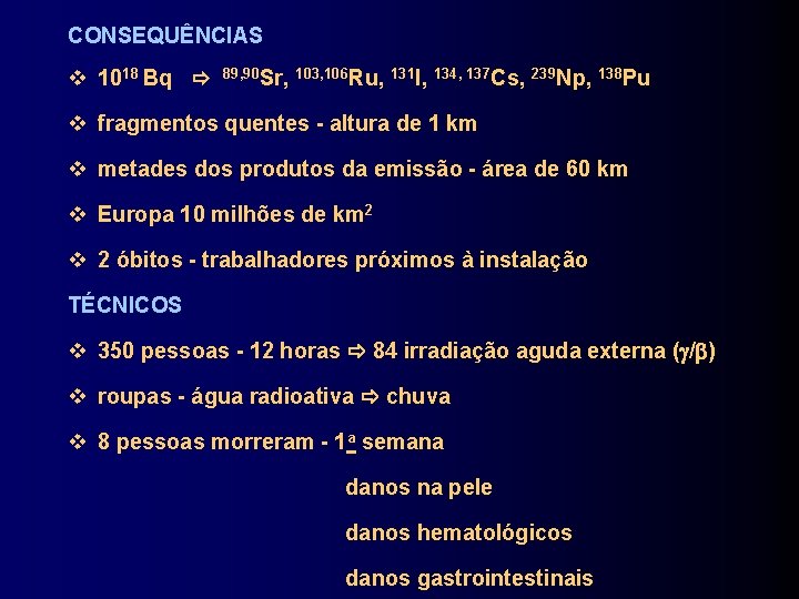 CONSEQUÊNCIAS 1018 Bq 89, 90 Sr, 103, 106 Ru, 131 I, 134, 137 Cs,