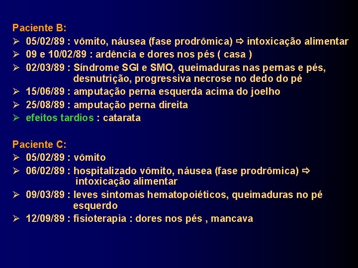 Paciente B: 05/02/89 : vômito, náusea (fase prodrômica) intoxicação alimentar 09 e 10/02/89 :
