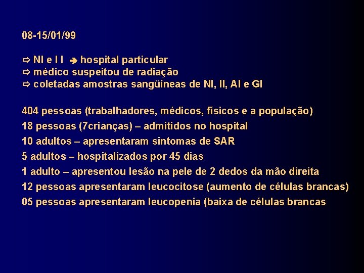 08 -15/01/99 NI e I I hospital particular médico suspeitou de radiação coletadas amostras