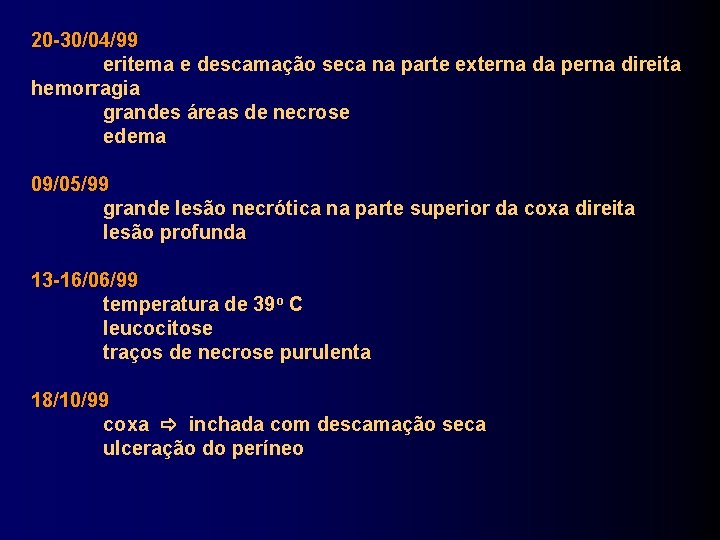 20 -30/04/99 eritema e descamação seca na parte externa da perna direita hemorragia grandes