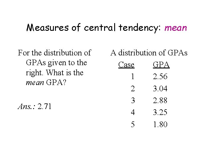 Measures of central tendency: mean For the distribution of GPAs given to the right.