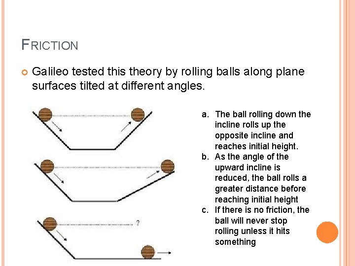FRICTION Galileo tested this theory by rolling balls along plane surfaces tilted at different