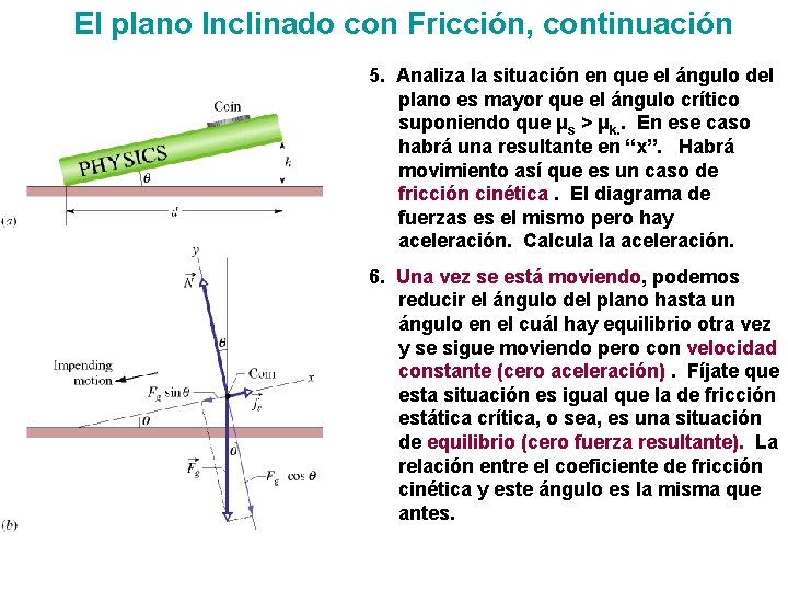 El plano Inclinado con Fricción, continuación 5. Analiza la situación en que el ángulo